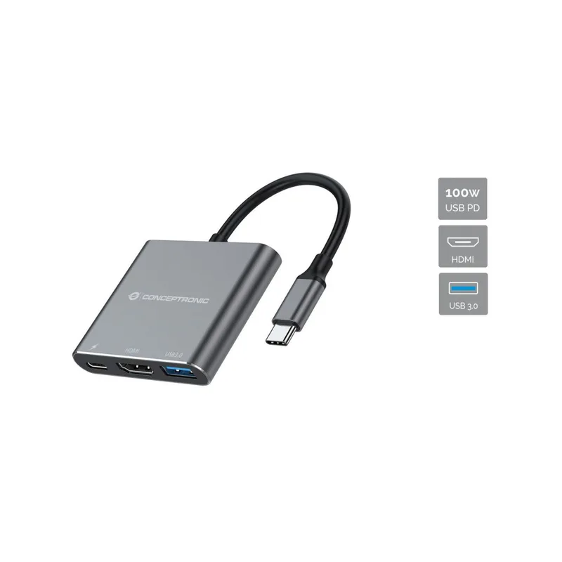 CONCEPTRONIC 3-1 Dock USB-C->HDMI/USB-A/100WPD 25cm gr