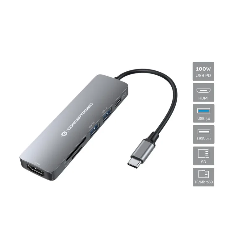 CONCEPTRONIC 6-1 Dock USB-C->HDMI/2xUSB-A/SD/TF/+ 15cm gr