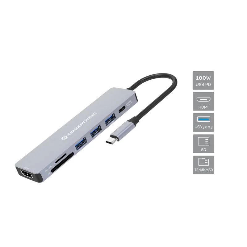 CONCEPTRONIC 7-1 Dock USB-C->HDMI/3xUSB-A/SD/TF/+ 25cm gr