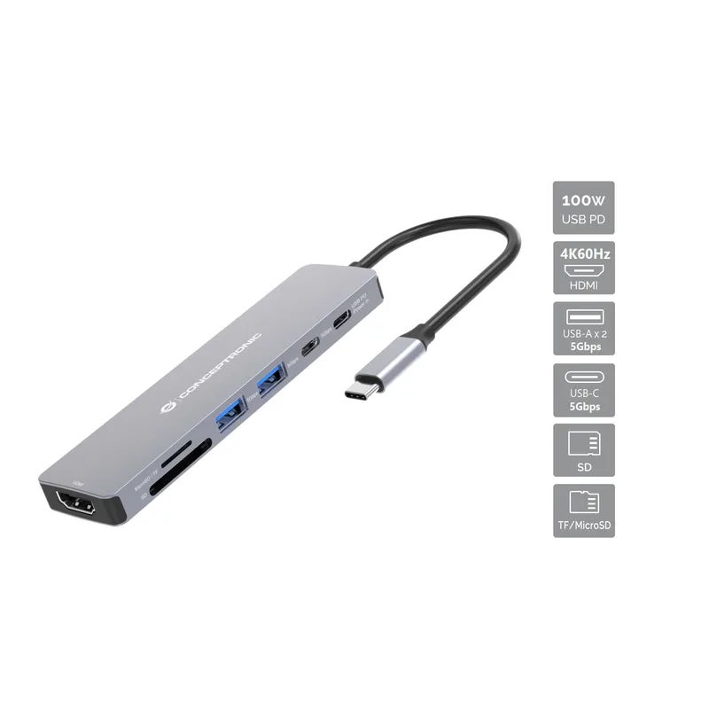 CONCEPTRONIC 7-1 Dock USB-C->HDMI/USB-C/2xUSB-A/+ 25cm gr