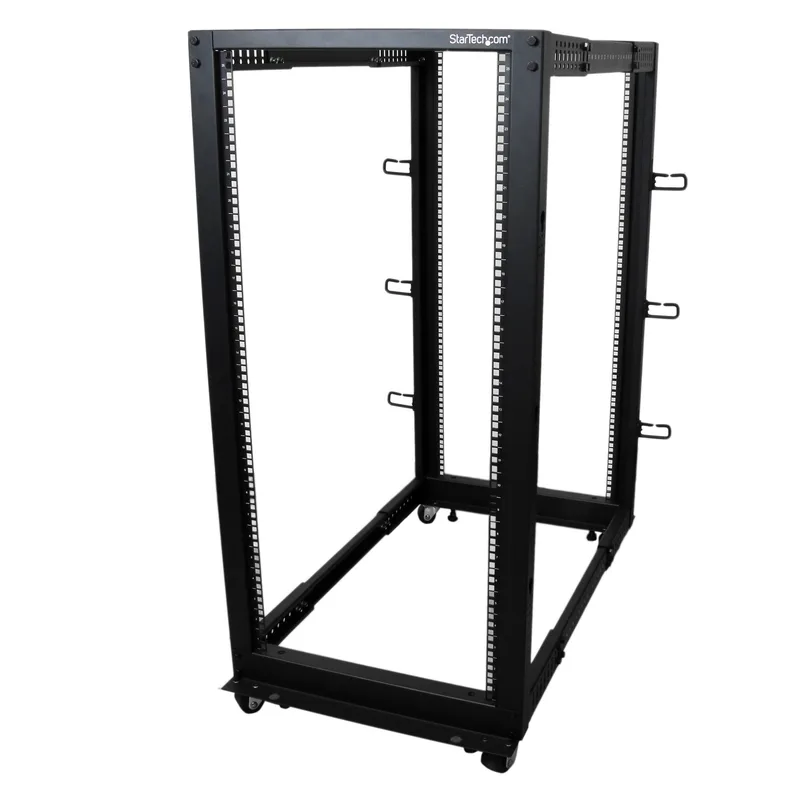 25U Adjustable Depth Open Frame 4 Post Server Rack w/ Casters Levelers and Cable Management Hooks