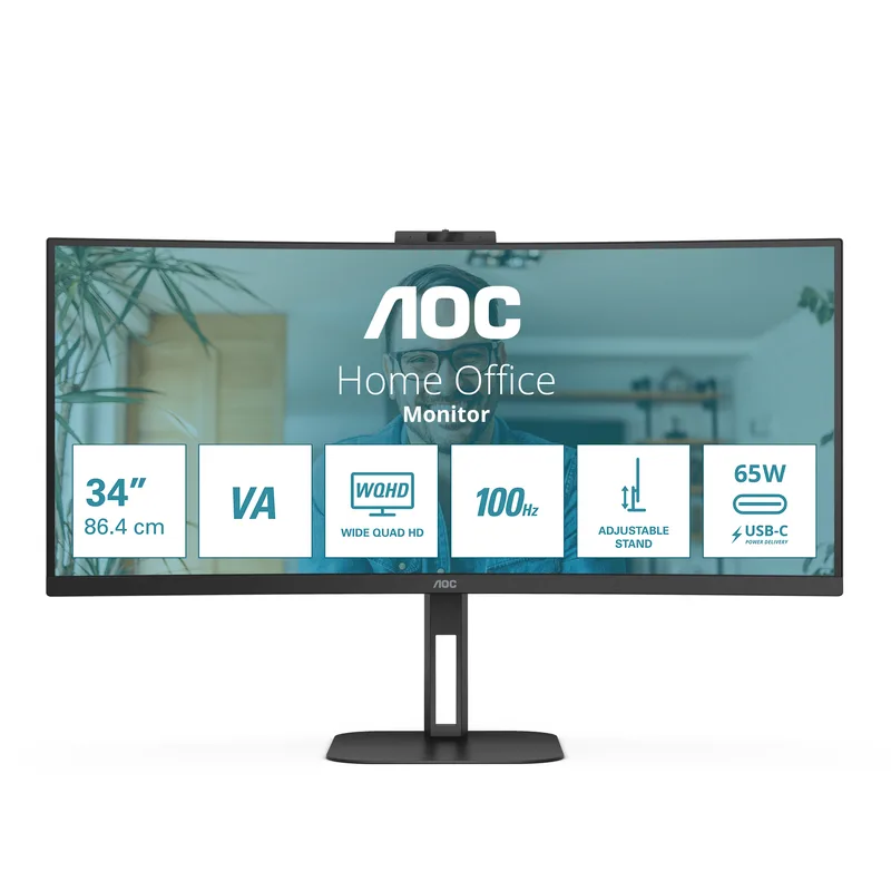 86cm/34" (3440x1440) AOC CU34V5CW 21:9 VA 1ms 100Hz HDMI DisplayPort USB-C KVM VESA Speaker Webcam Silver/Black