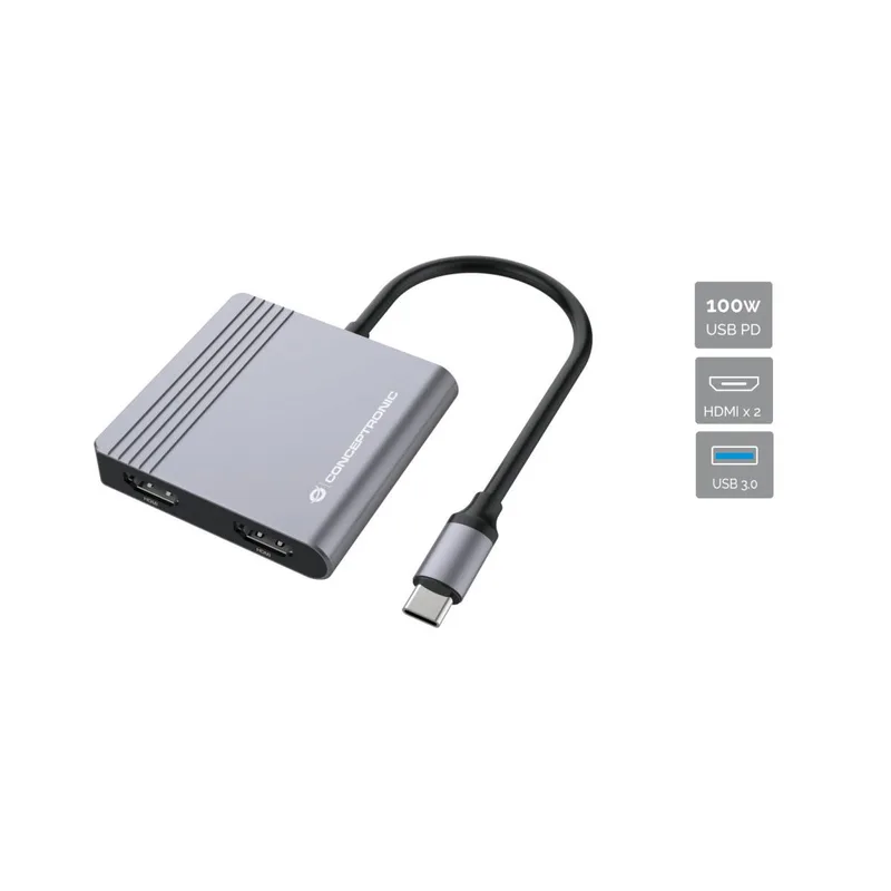 CONCEPTRONIC 4-1 Dock USB-C->2xHDMI/USB-A/100WPD 25cm gr