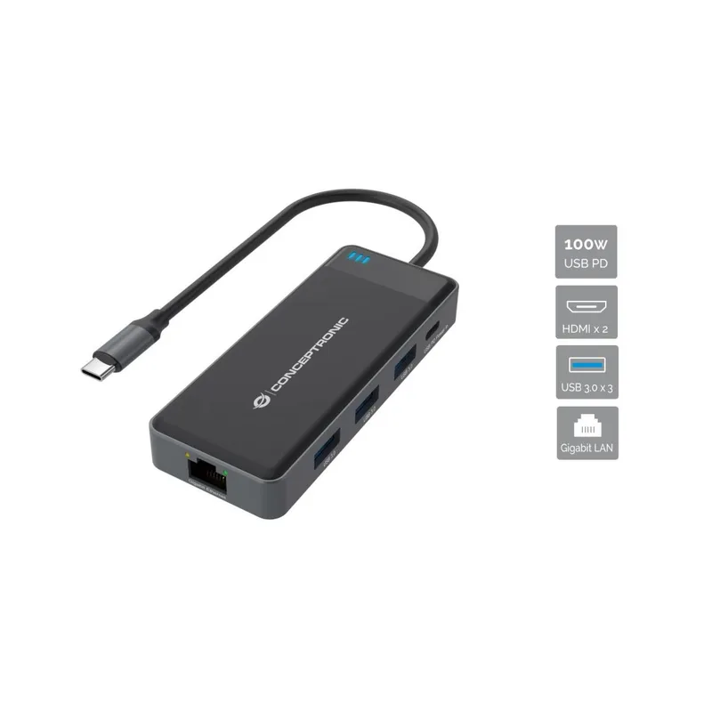 CONCEPTRONIC 7-1 Dock USB-C->2xHDMI/3xUSB-A/GbE/+ 25cm gr