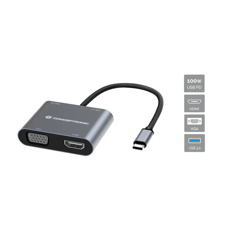 CONCEPTRONIC 4-1 Dock USB-C->HDMI.USB3.0.VGA.100WPD 15cm gr