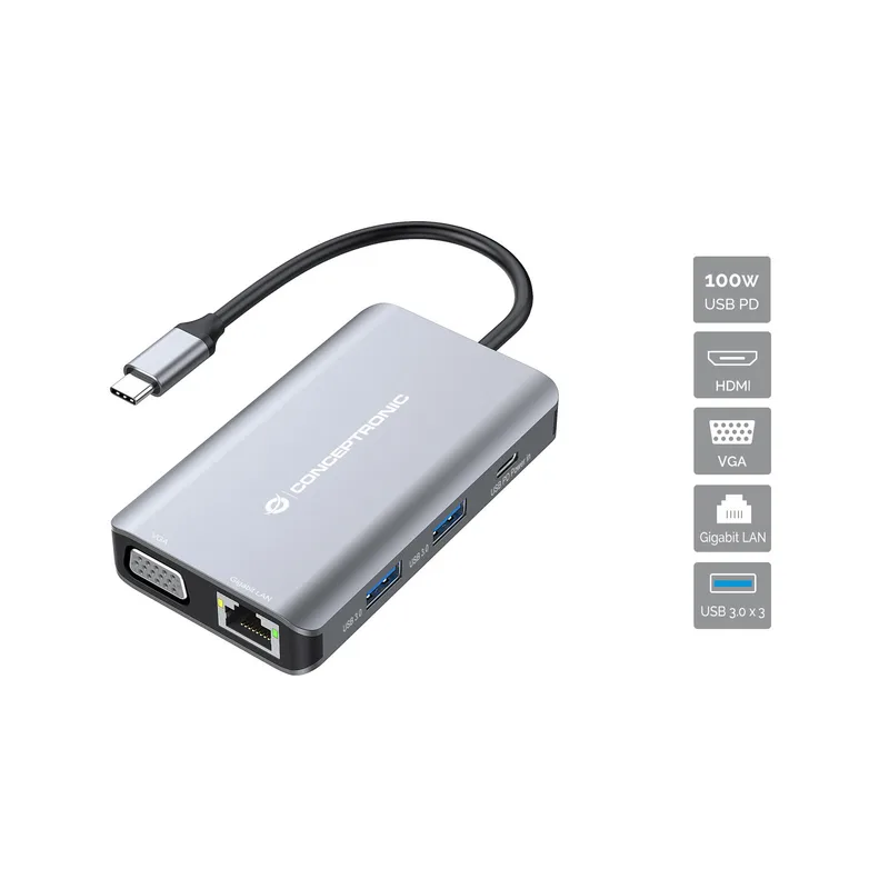 CONCEPTRONIC 7-1 Dock USB-C->HDMI/3xUSB-A/VGA/+ 25cm gr