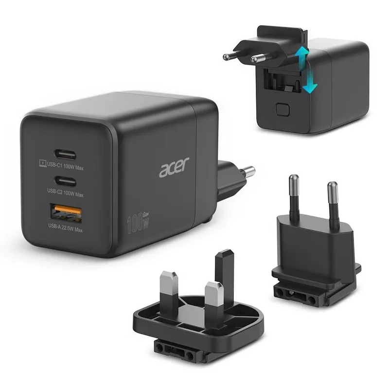Acer GaN 100w 2 x USB-C + 1x USB-A ports. black