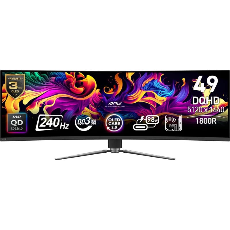 124,5 cm (49") 5120 x 1440 Pixel MSI 9S6-3FA84T-016 32:9 Dual QHD QD-OLED 0,03 ms 240 Hz HDR DisplayPort HDMI USB-Hub Height VESA
