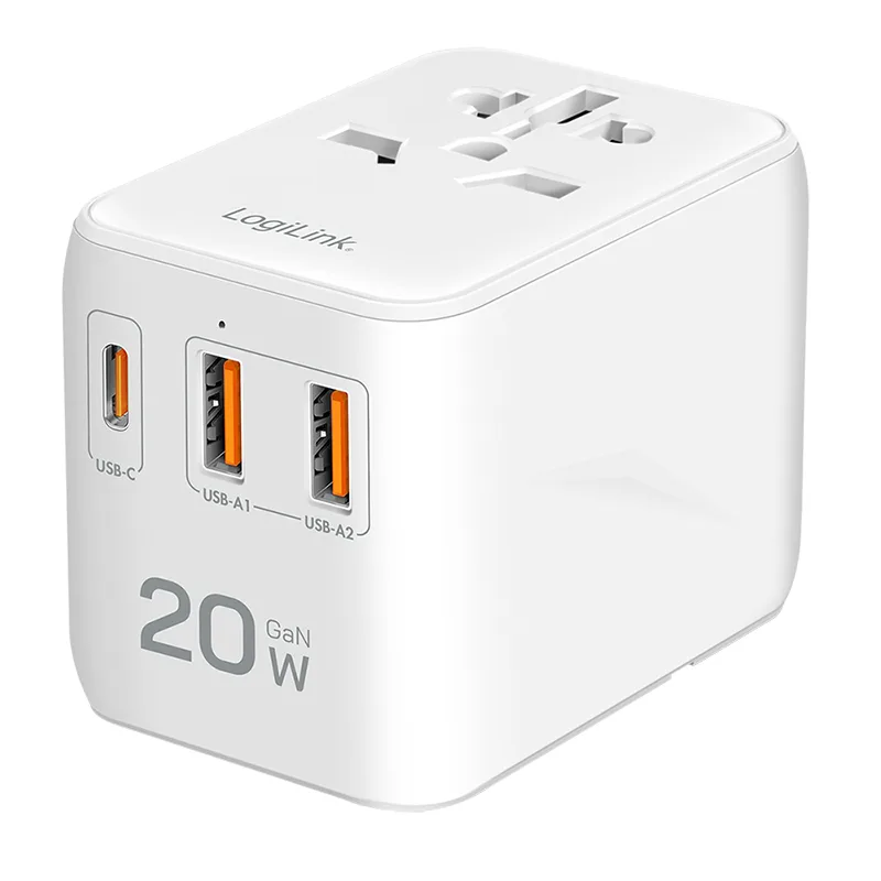 USB-A/C Travel charger, 20 W, GaN, 3-port, 2x USB-A (QC), 1x USB-C (PD), Slim Version, White
