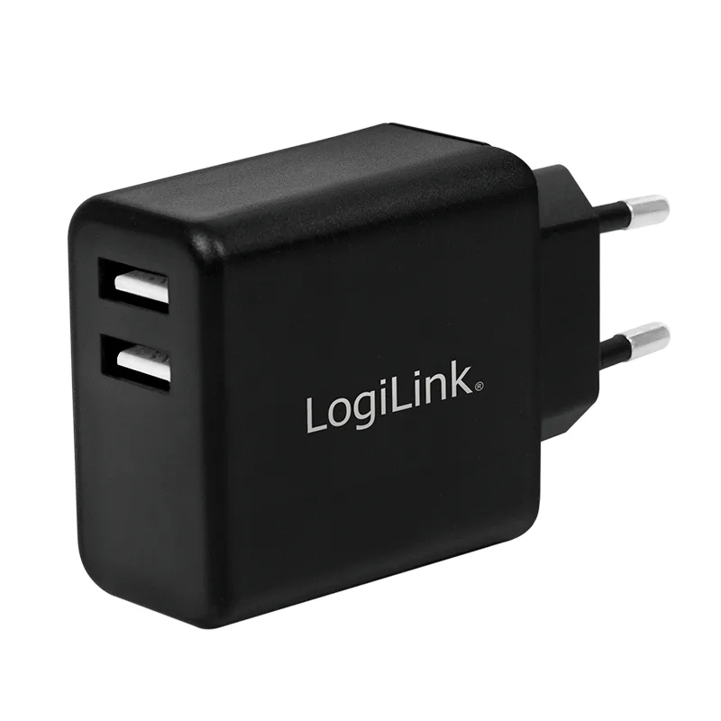 USB-A charger, 12 W, 2-port, 2x USB-A, Black