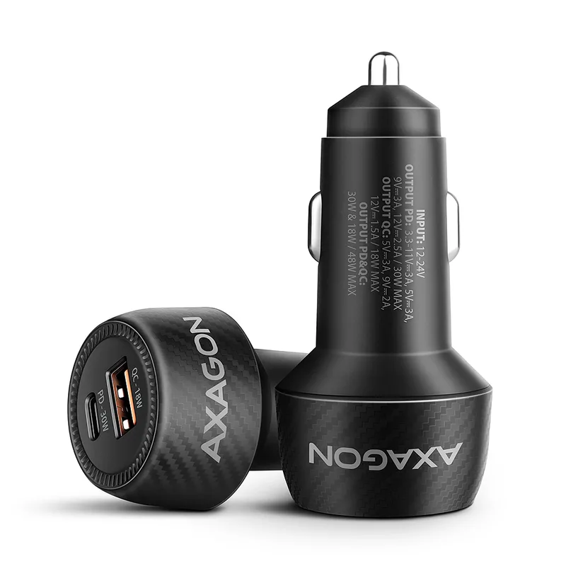 AXAGON PWC-PQ48 Auto Chargeur, USB-C avec Powe Delivery 3, USB-A avec Quick Charge 4+ - Noir