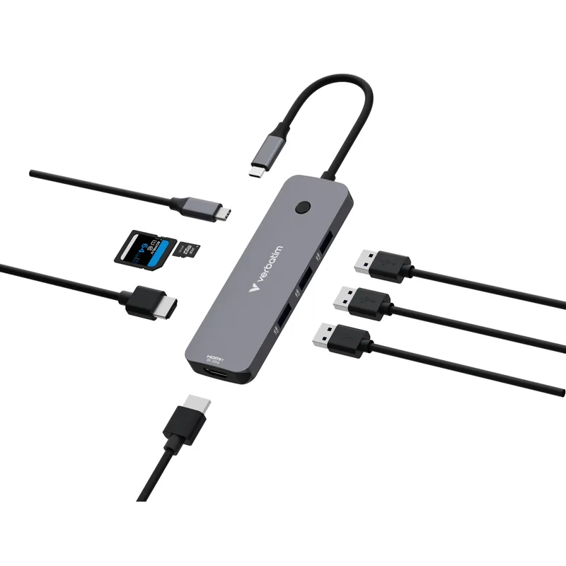 D Verbatim USB-C Pro Multiport-Hub CMH-08, 8 Port (Gris, 2x HDMI, 3x USB-A, USB-C PD, SD, microSD)