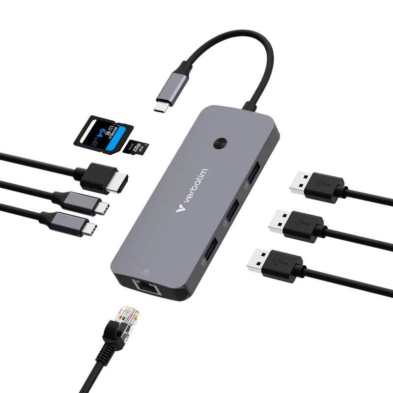 D Verbatim USB-C Pro Multiport-Hub CMH-09, 9 Port (Gris, HDMI, RJ-45, 3x USB-A, 2x USB-C, SD, microSD)