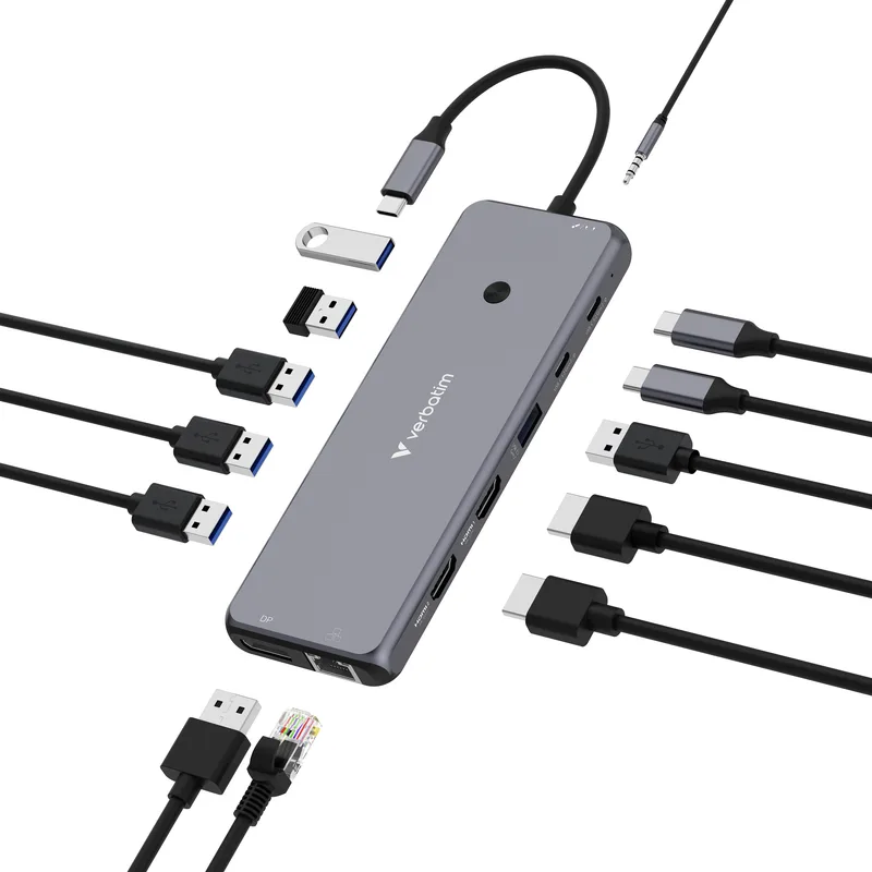 D Verbatim USB-C Pro Multiport-Hub CMH-13, 13 Port (Gris, 2x HDMI, DP, RJ-45, 6x USB-A, Audio, 2x USB-C PD)